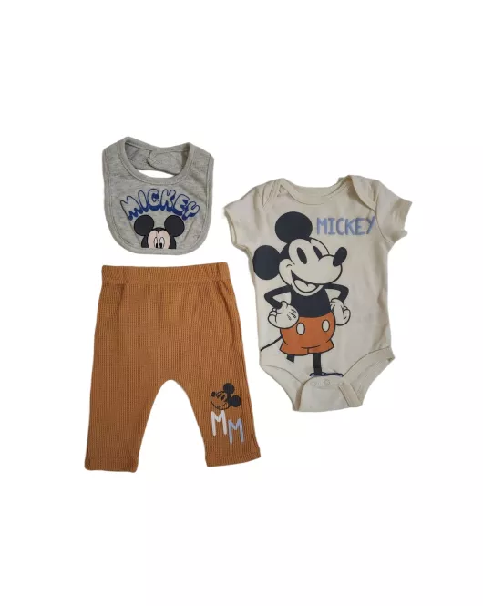 Baby Bodysuit Starter Set, Cream, Light Brown , Fashion Mickey Mouse Print