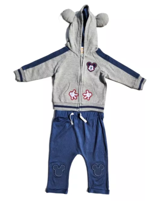 Baby Hoodie and Pant Set, Full Zipped, Grey-Blue, Cartoon Sewing Patch