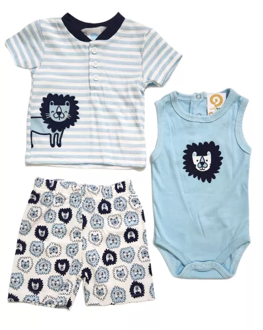 Baby Bodysuit Starter Set, Sky Blue, Fashion Lion Embroidery and Print