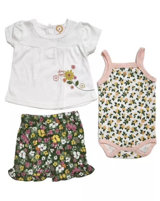 Baby Bodysuit Starter Set, White, Green, Peach, Fashion Flower Print
