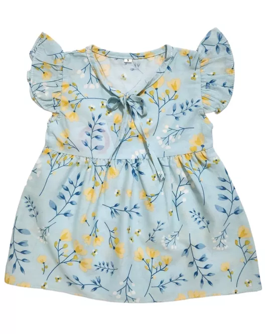 Baby Ruffle Sleeve Dress - Baby Blue Colour, Fashion Flower Print