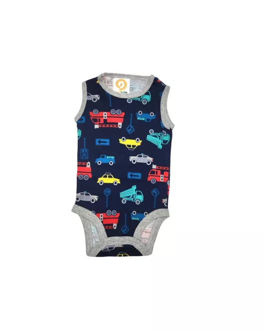 Baby Romper Sleeveless, Midnight Blue, Fashion Car Print