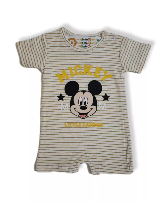 Baby Romper Short Sleeve Mixed Stripe, Yellow, White - Fashion Mickey Mouse Print