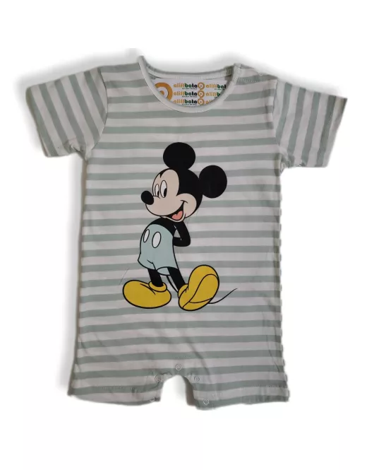 Baby Romper Short Sleeve Mixed Stripe, Green, White - Fashion Mickey Mouse Print