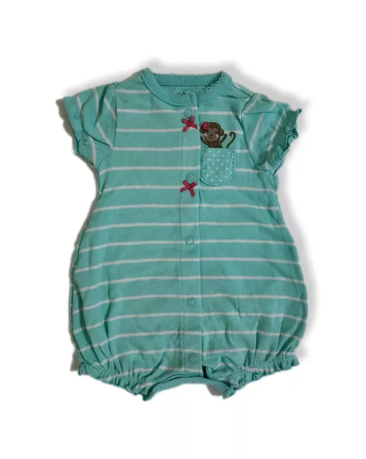 Baby Romper Short Sleeve Button-up , Mixed Stripe-Green, Cartoon Embroidery