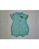 Baby Romper Short Sleeve Button-up , Mixed Stripe-Green, Cartoon Embroidery