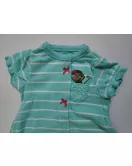 Baby Romper Short Sleeve Button-up , Mixed Stripe-Green, Cartoon Embroidery