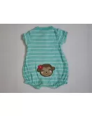 Baby Romper Short Sleeve Button-up , Mixed Stripe-Green, Cartoon Embroidery