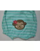 Baby Romper Short Sleeve Button-up , Mixed Stripe-Green, Cartoon Embroidery