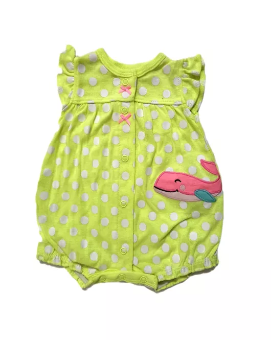 Baby Romper Ruffle Sleeve Button-up , White Colour Dotted,Green, Cartoon Embroidery