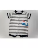 Baby Romper Short Sleeve Button Up, Mixed Stripe Grey White, Fashion Embroidery