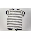 Baby Romper Short Sleeve Button Up, Mixed Stripe Grey White, Fashion Embroidery