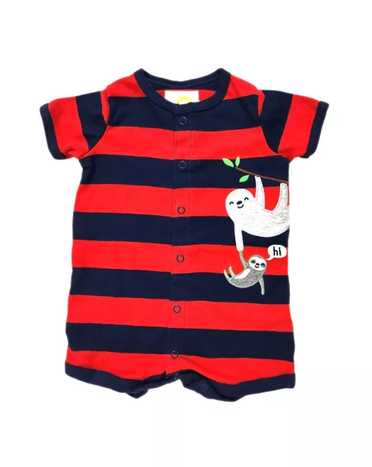 Baby Romper Short Sleeve Button Up, Mixed Stripe - Red, Blue - Cartoon Embroidery