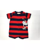 Baby Romper Short Sleeve Button Up, Mixed Stripe - Red, Blue - Cartoon Embroidery