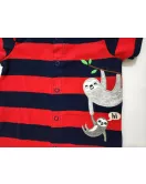 Baby Romper Short Sleeve Button Up, Mixed Stripe - Red, Blue - Cartoon Embroidery