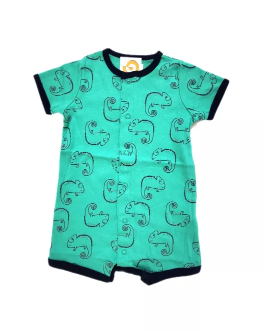 Baby Romper Short Sleeve Button Up, Green Colour with Gecko Print