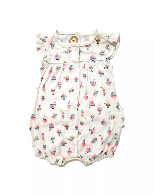 Baby Romper Ruffle Sleeve Button-up , White Cream With Ice Cream Print