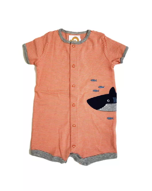 Baby Romper Short Sleeve Button Up, Mixed Stripe - Light Red, White - Shark Embroidery