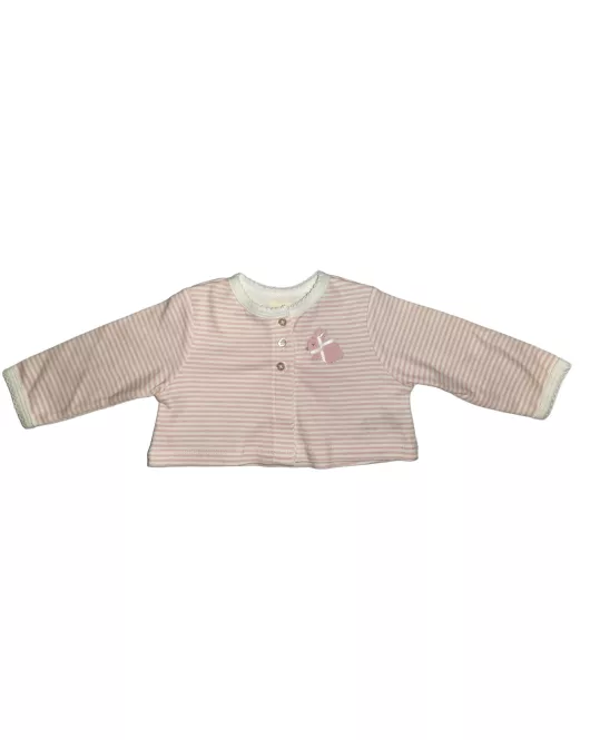 Baby Long Sleeve Crop Top Cardigan, Pink White Mixed Stripe, Fashion Rabbit Embroidery