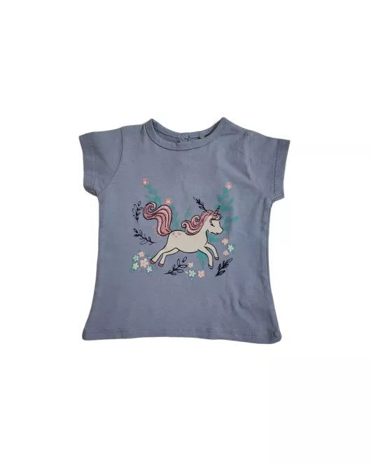 Baby Round Neck Short Sleeve T-Shirt, Sky Blue, Fashion Cartoon Print