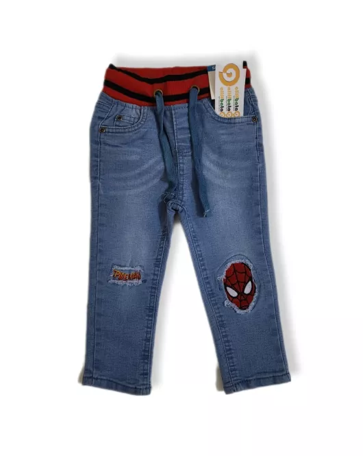 Jeans - Stretch Denim, Elasticated Waist, Light Blue, Spiderman Embroidery