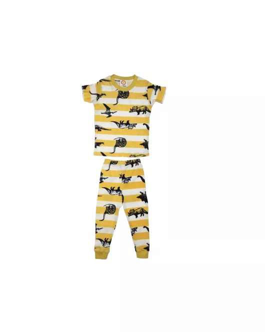 Short Sleeve Pyjama Pleated Set - Mixed Stripe Yellow White Colour with Fashion Dino Print