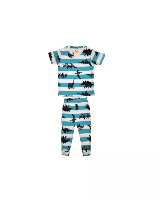 Short Sleeve Pyjama Pleated Set - Mixed Stripe Blue White Colour with Fashion Dino Print