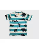 Short Sleeve Pyjama Pleated Set - Mixed Stripe Blue White Colour with Fashion Dino Print