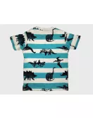 Short Sleeve Pyjama Pleated Set - Mixed Stripe Blue White Colour with Fashion Dino Print