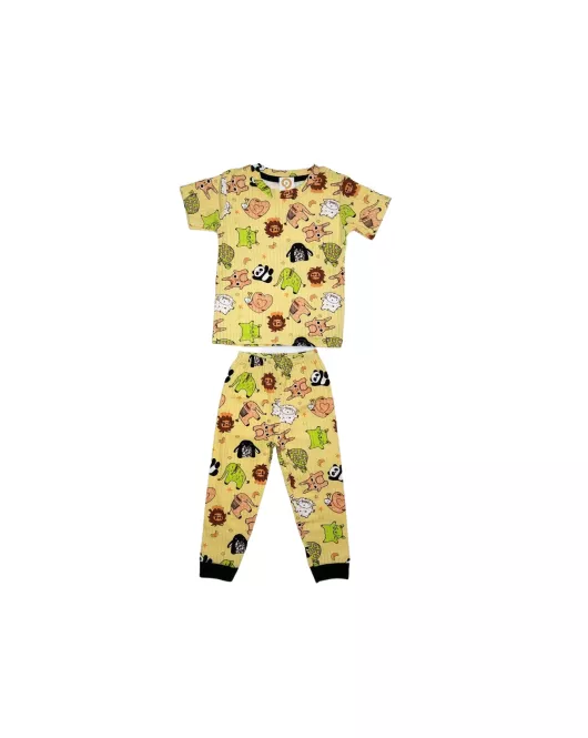 Short Sleeve Pyjama Pleated Set - Yellow White Colour with Fashion Animal Print