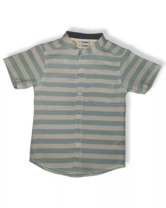 Short Sleeve , Mandarin Collar Mixed Stripe - Medium Green & Cream White