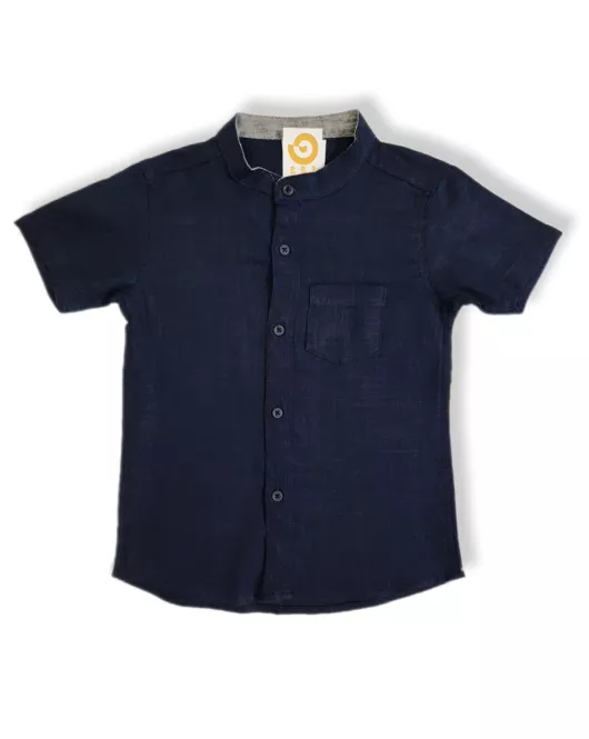 Short Sleeve , Mandarin Collar - Dark Blue