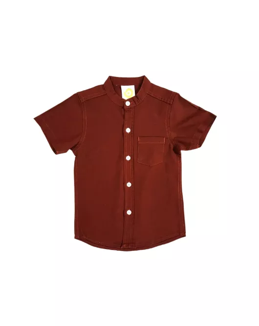 Short Sleeve , Mandarin Collar , Brick Red