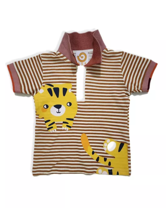 Short Sleeve , Polo T-Shirt Mixed Stripe Light Brown-White, Fashion Cat Print