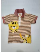 Short Sleeve , Polo T-Shirt Mixed Stripe Light Brown-White, Fashion Cat Print