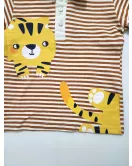 Short Sleeve , Polo T-Shirt Mixed Stripe Light Brown-White, Fashion Cat Print