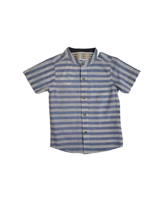 Short Sleeve , Mandarin Collar Mixed Stripe- Blue & White