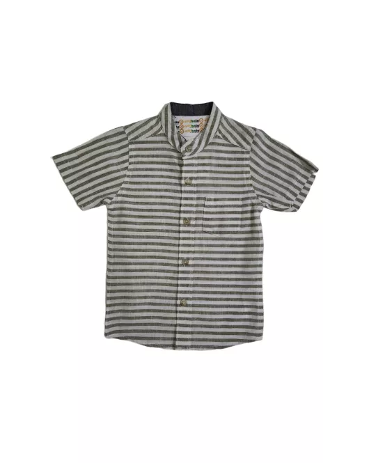 Short Sleeve , Mandarin Collar Mixed Stripe- Green & White