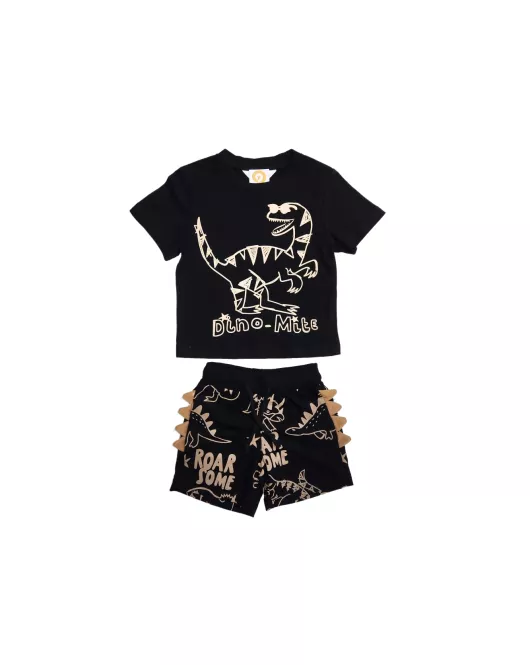 Round Neck T-Shirt + Short Pant Set, Black, Fashion Dino Print