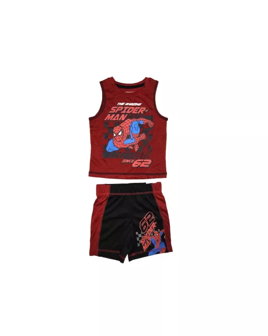 Sleeveless T-Shirt + Short Pant Set, Dark Red, Fashion Spiderman Print