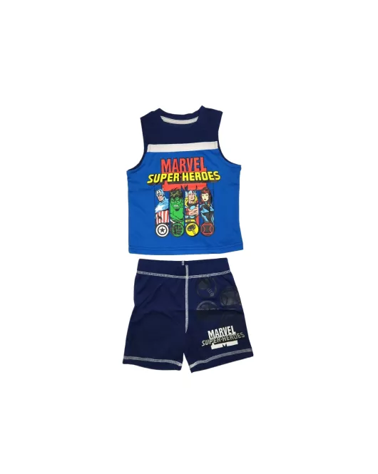 Sleeveless T-Shirt + Short Pant Set, Blue, Fashion Superhero Print