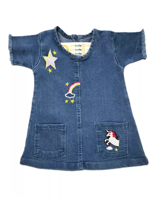 Denim Short Sleeve Dress - Cartoon Embroidery