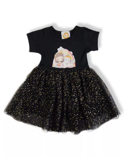 Short Sleeve Dress Up Dress - Black, Fashion Cartoon Print