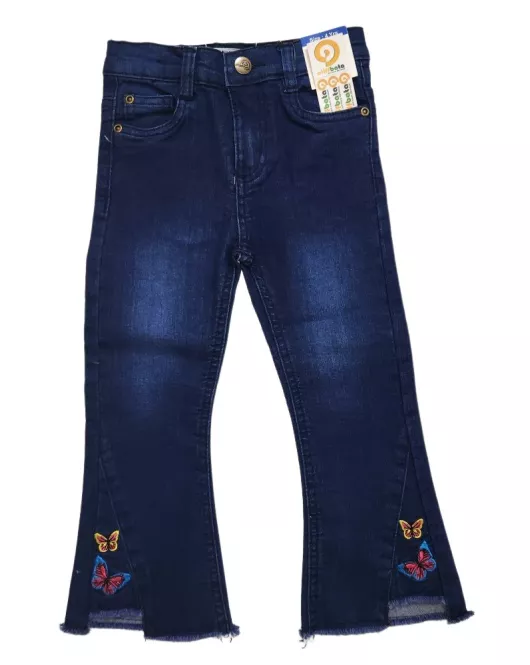 Jeans - Stretch Denim, Dark Blue, Fringed Bottom, Butterfly Embroidery