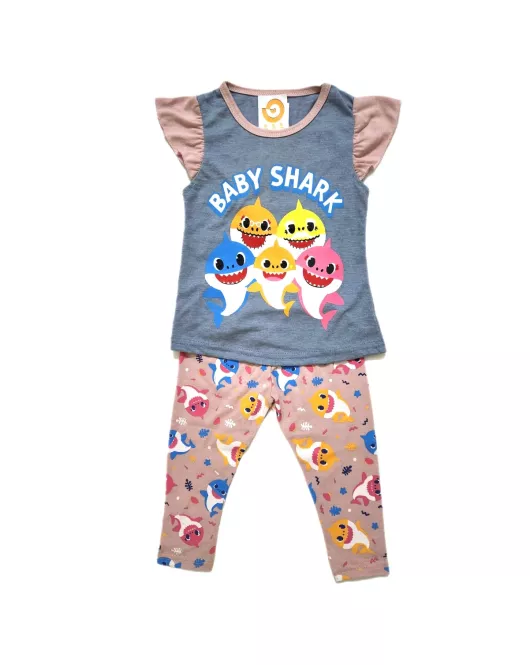 Ruffle Short Sleeve Pyjama Set - Peach Colour With Baby Shark print