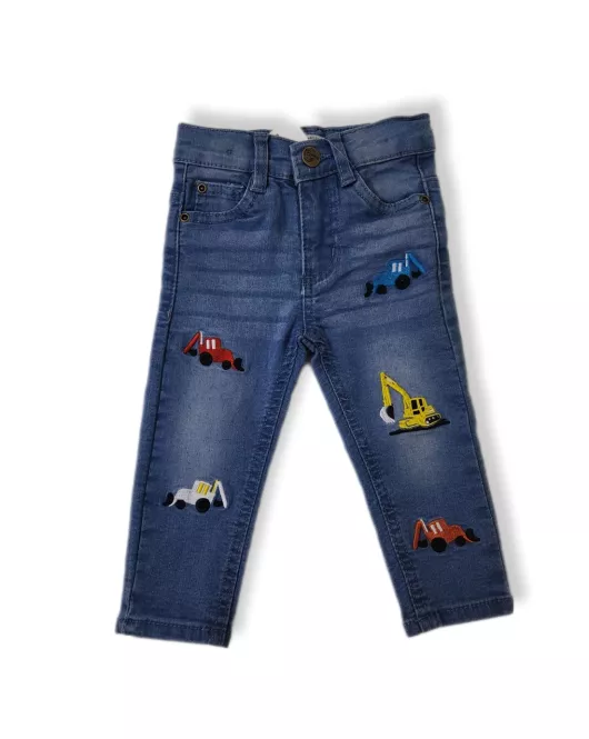 Jeans - Stretch Denim, Light Blue, Bulldozer Embroidery