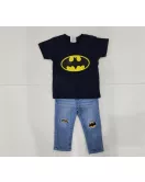  Round Neck T-Shirt With Print-Batman and Cotton Spandex Stretch Pants - Jeans Design (1 Set - T-Shirt & Pant)