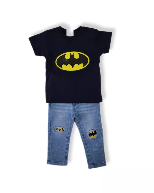  Round Neck T-Shirt With Print-Batman and Cotton Spandex Stretch Pants - Jeans Design (1 Set - T-Shirt & Pant)