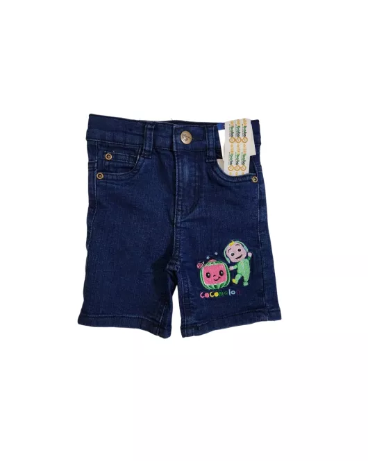 Short Pants - Stretch Denim, Dark Blue - Fashion Cocomelon Embroidery