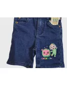 Short Pants - Stretch Denim, Dark Blue - Fashion Cocomelon Embroidery